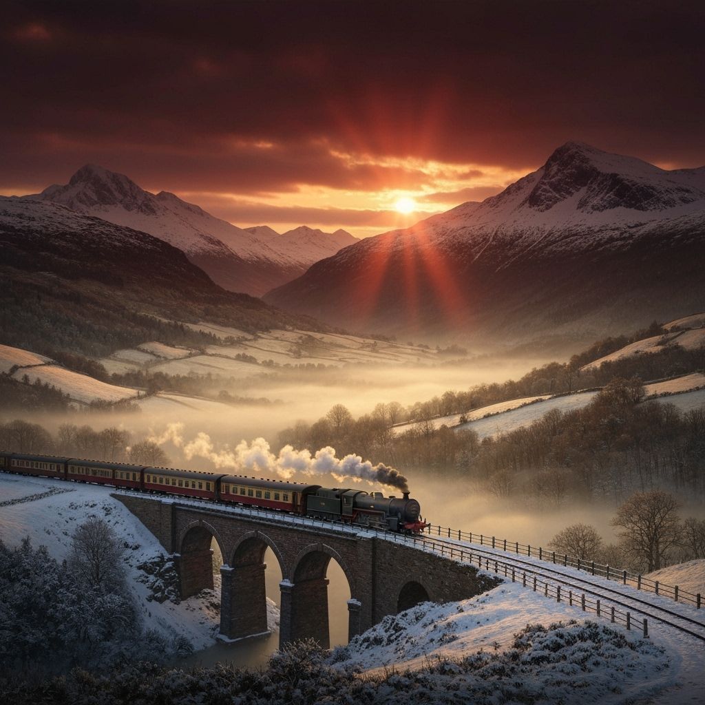 Steam Train on Winter Bridge in Encaustic Sunset