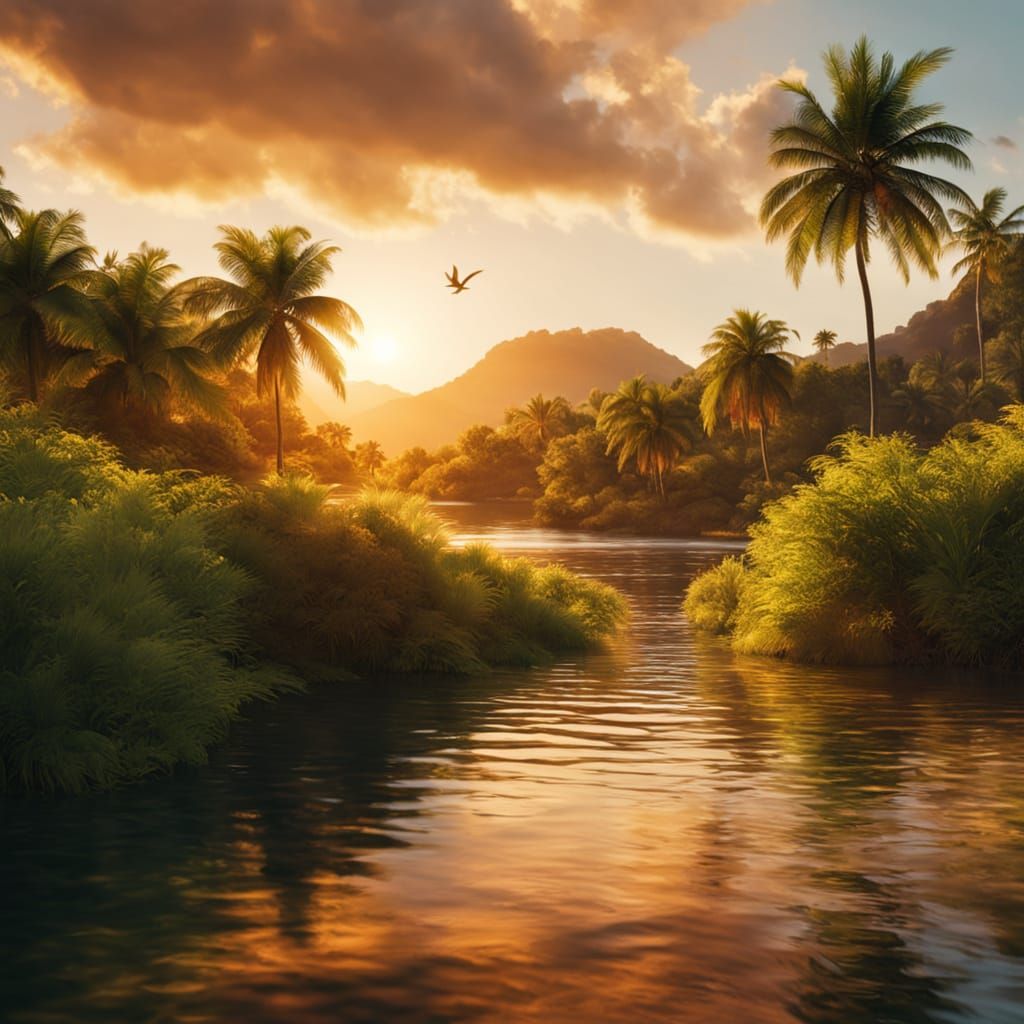 Surreal Tropical Paradise Captured in Vibrant Oil Painting S...