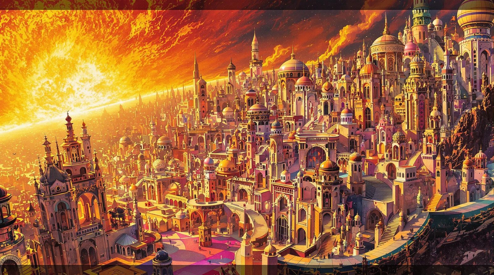 Surreal Metropolis Ablaze: Escher-Inspired Concept Art