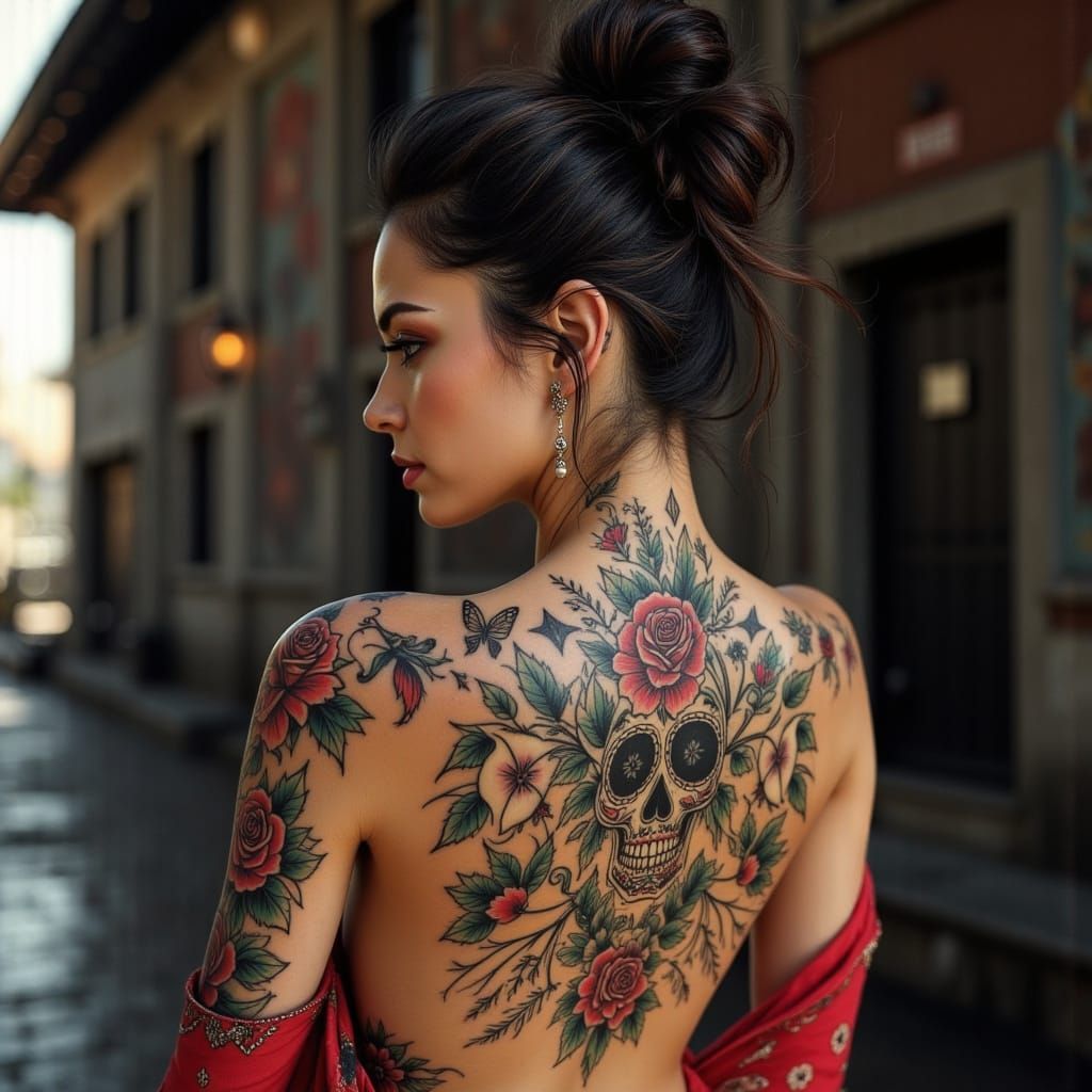 Woman's Tattoo of Mexican Couple in Flash Style