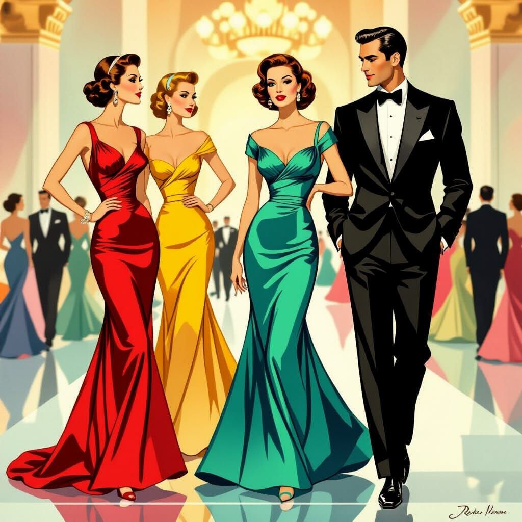 1950s Fashion Ad: Elegant Gowns and Suits