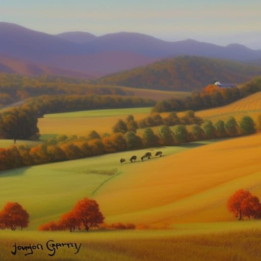 Autumn Rooster Farm in Rolling Hills, Oil Painting