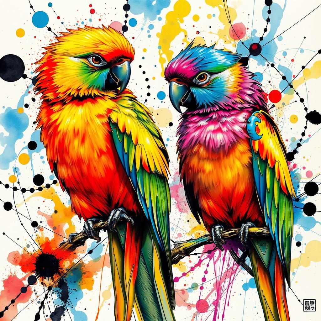 Iridescent Parrots in Organic Ink Splatters