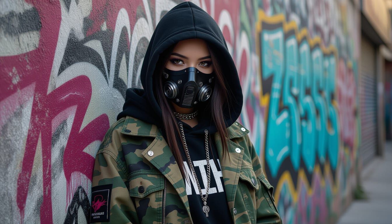 Street Artist in Cybergoth Mask Against Graffiti Wall