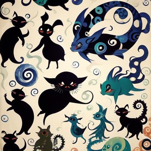 Surreal Shadow Creatures with Shells in Chagall Style