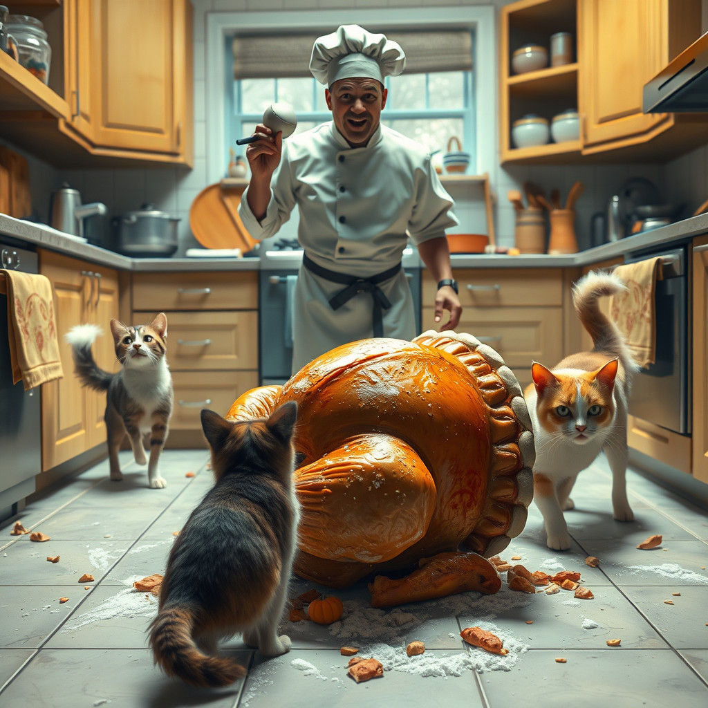 Kitchen Chaos: Pets Feast on Fallen Turkey