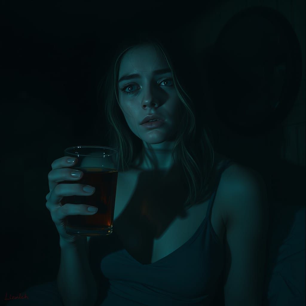 Woman in a Hauntingly Lit Room, Embodying Melancholy