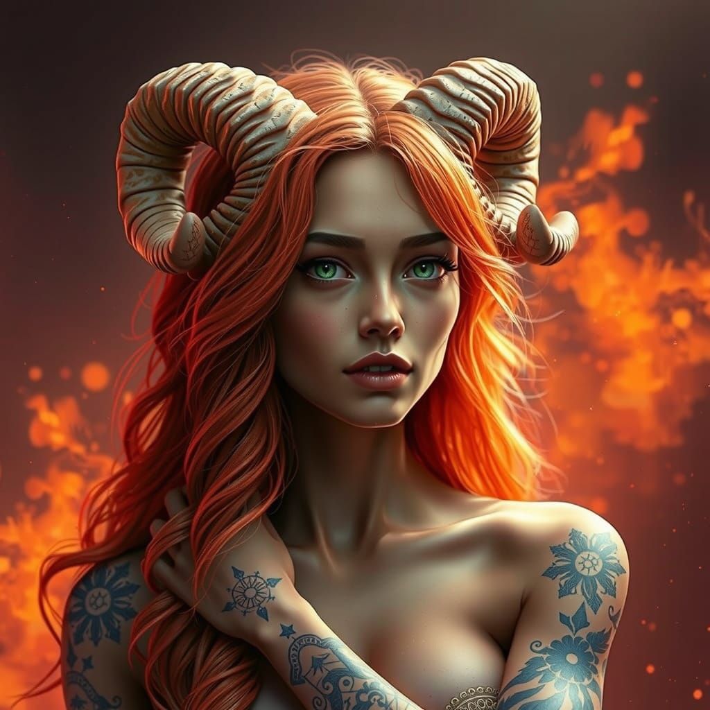 Realistic Digital Art of Aries Goddess with Blood Orange Hai...