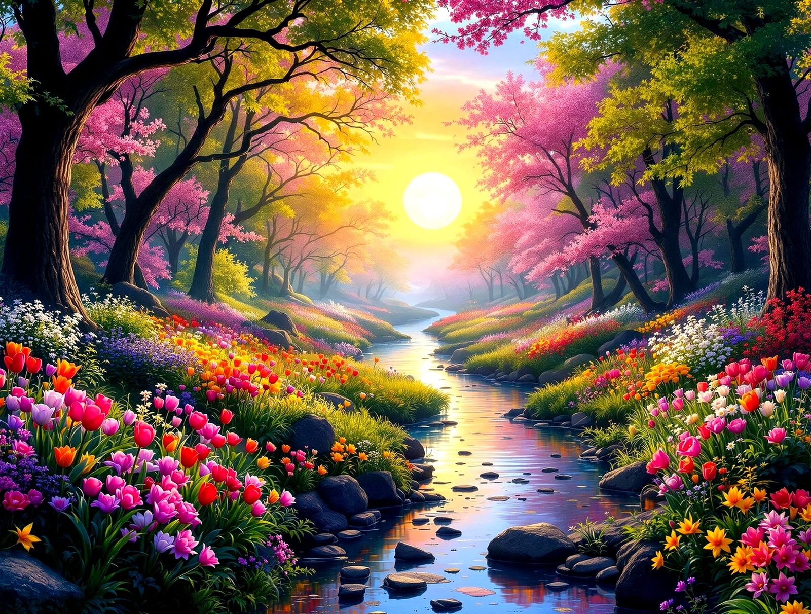 Vibrant Spring Forest Panorama at Sunset