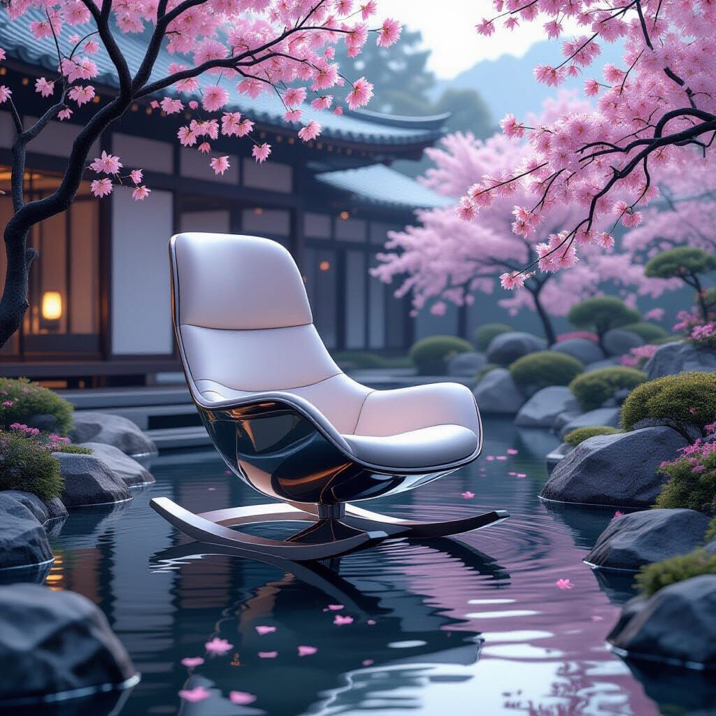Futuristic Rocking Chair in Zen Garden, Digital Art