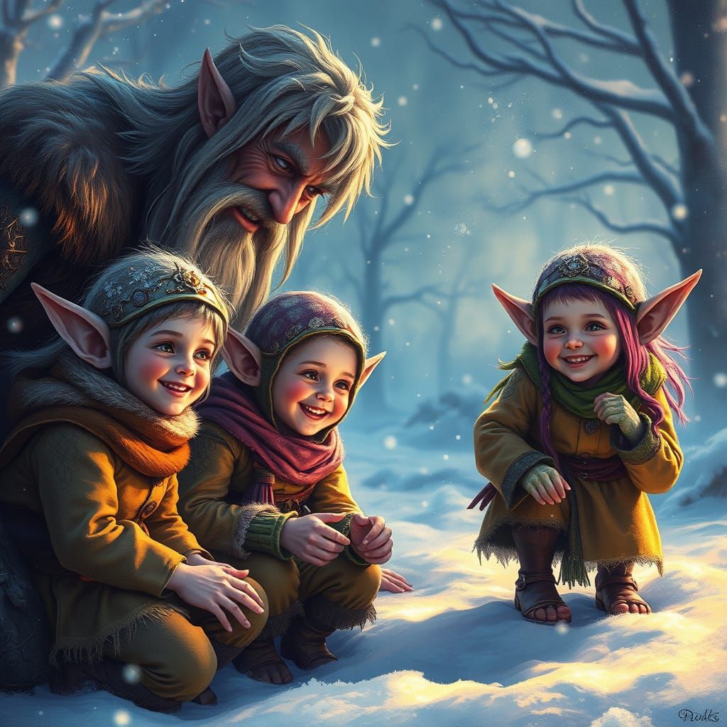 Elf Family Playing in Snow, Alcohol Ink Style