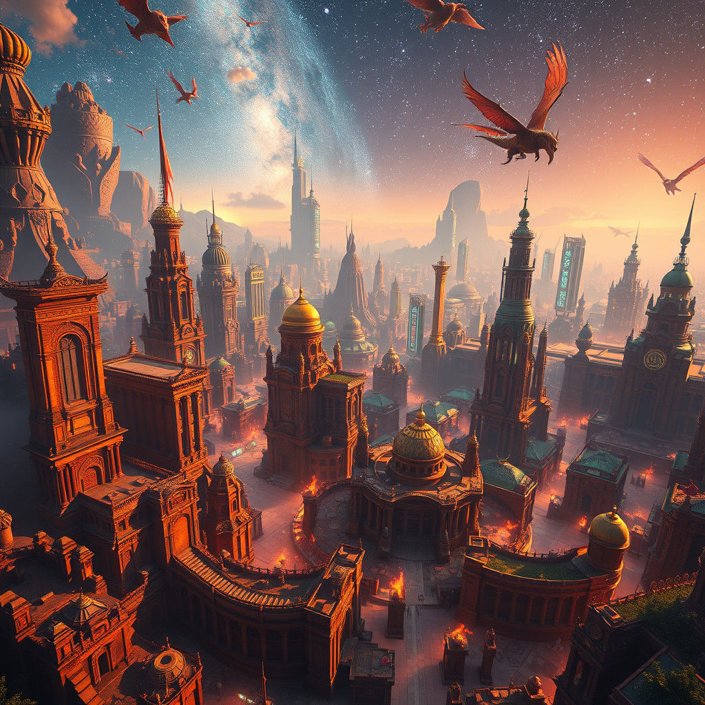 Majestic Metropolis: Ancient Ruins and Futuristic Skylines