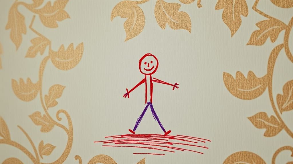 Childlike Drawing on Wallpaper in Photorealistic Style