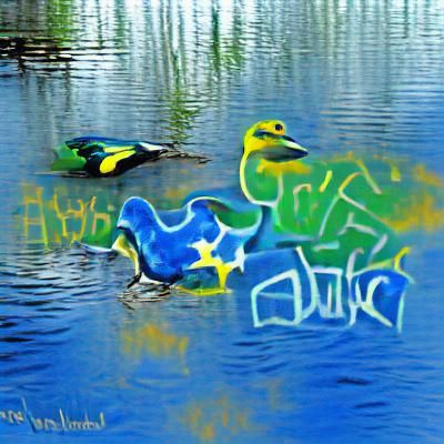 Graffiti Duck Swimming in Watercolor Pond