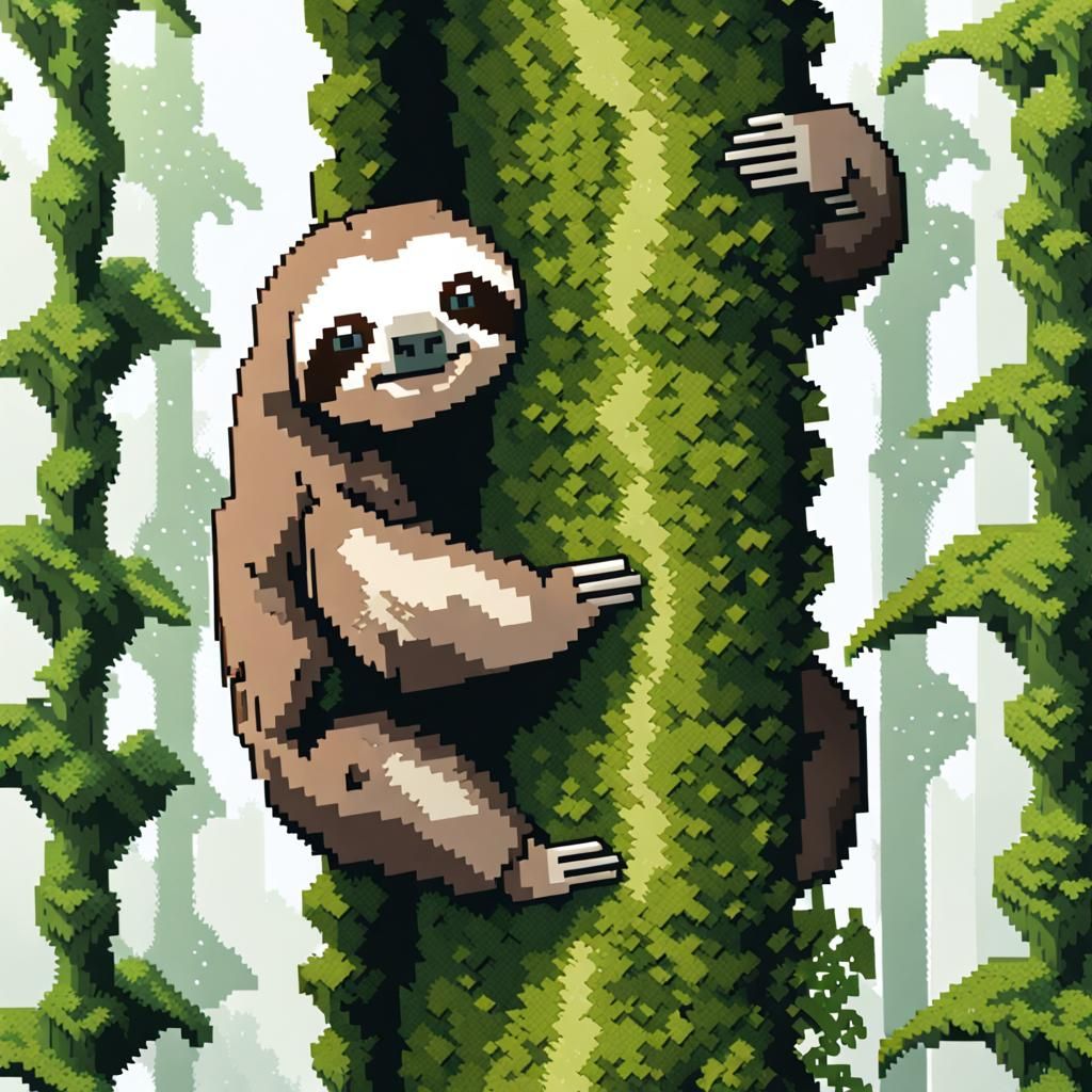 Pixelated Sloth in Jungle Tree