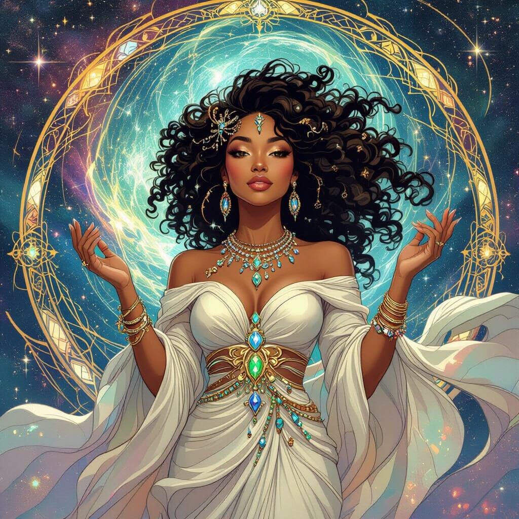 Afro-Latina Goddess Emerging from Cosmic Energy