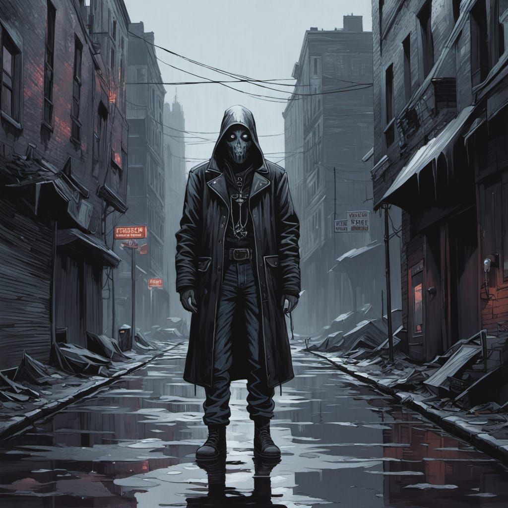 Gothic Vampire Figure in Dark, Dystopian Alleyway