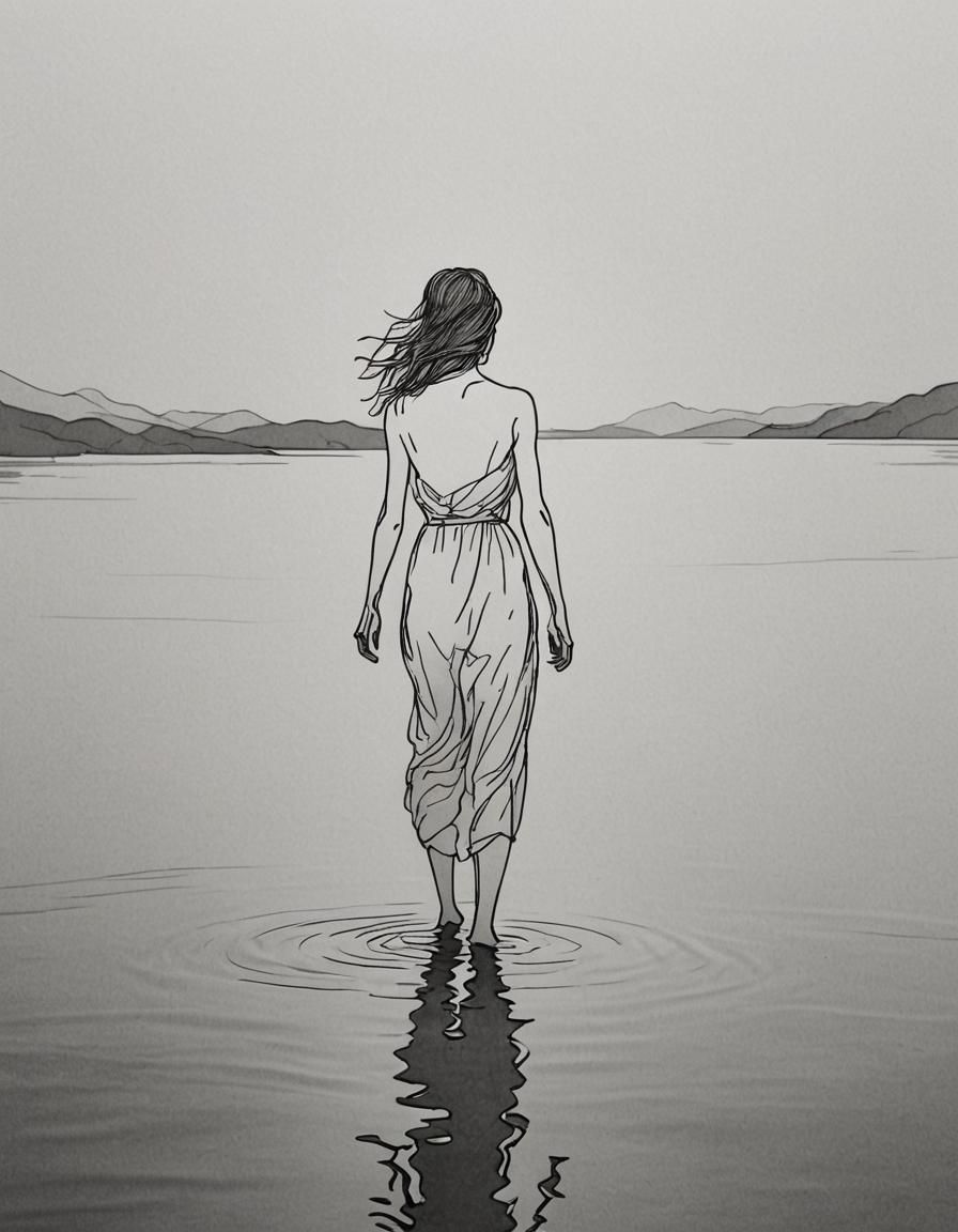Minimalist One Line Art: Woman Emerging from Lake