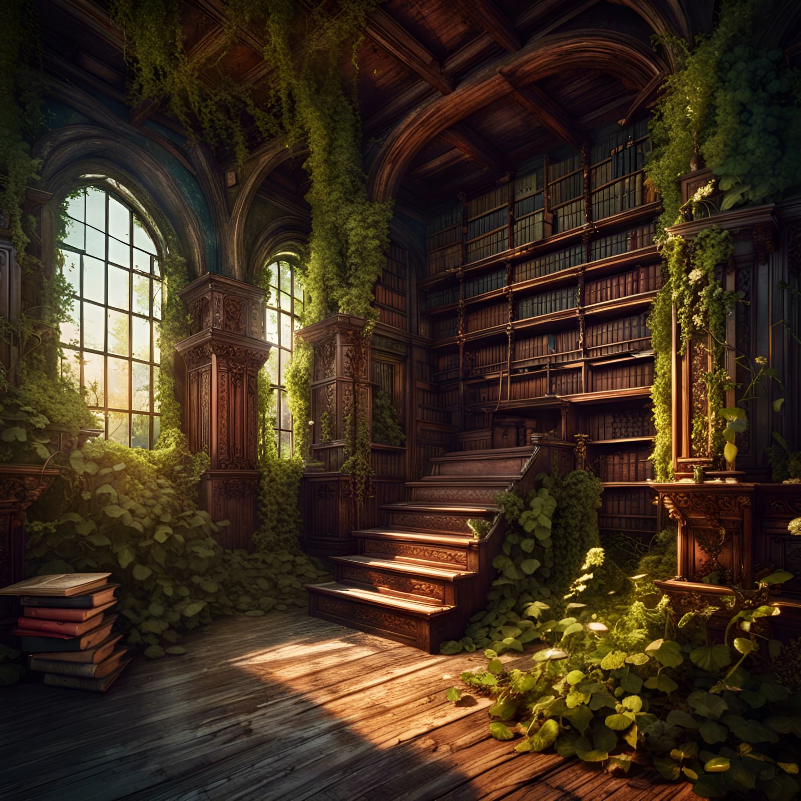Overgrown Library with Ancient Books, Detailed Matte Paintin...