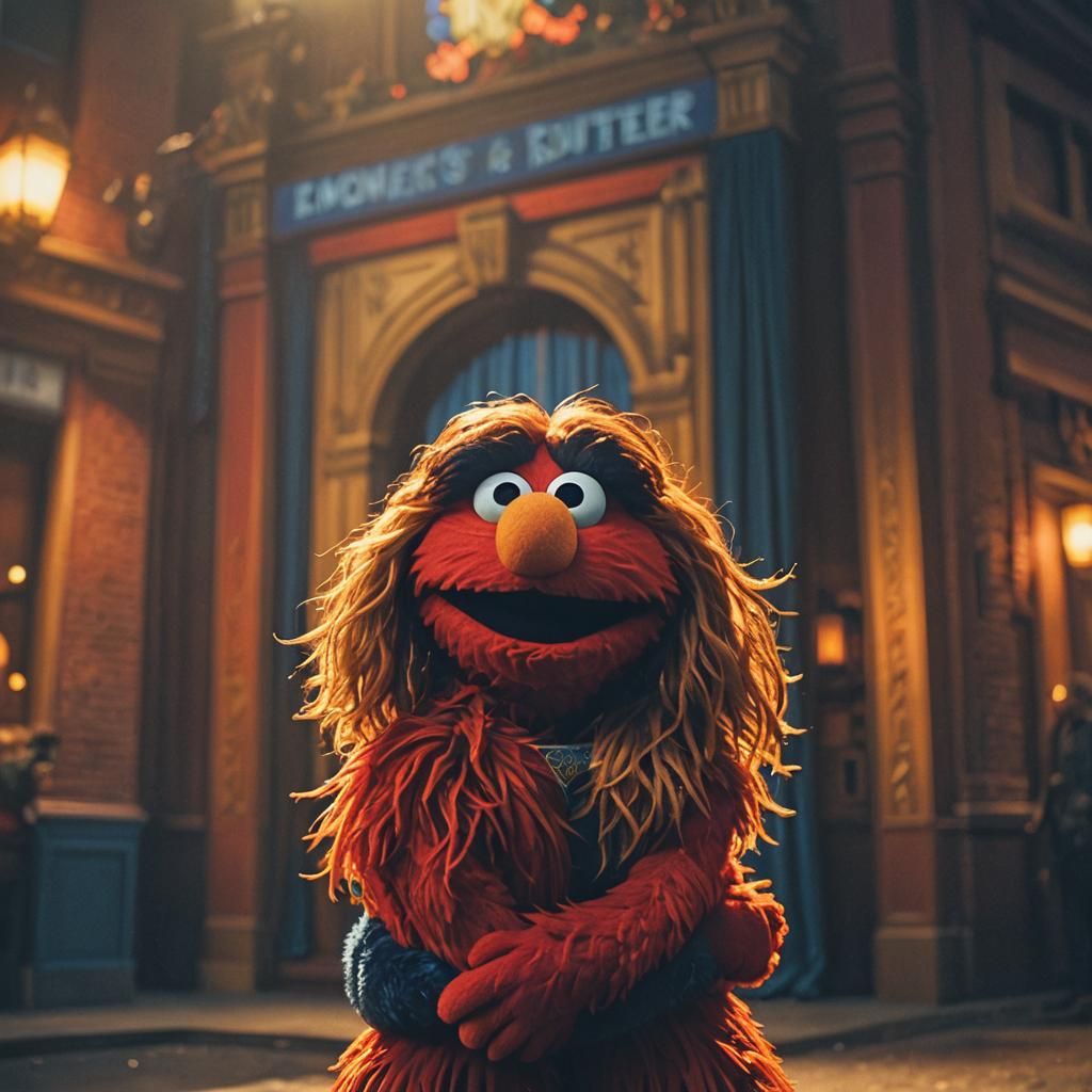 Elmo and Girlfriend Embrace: Cinematic Film Still