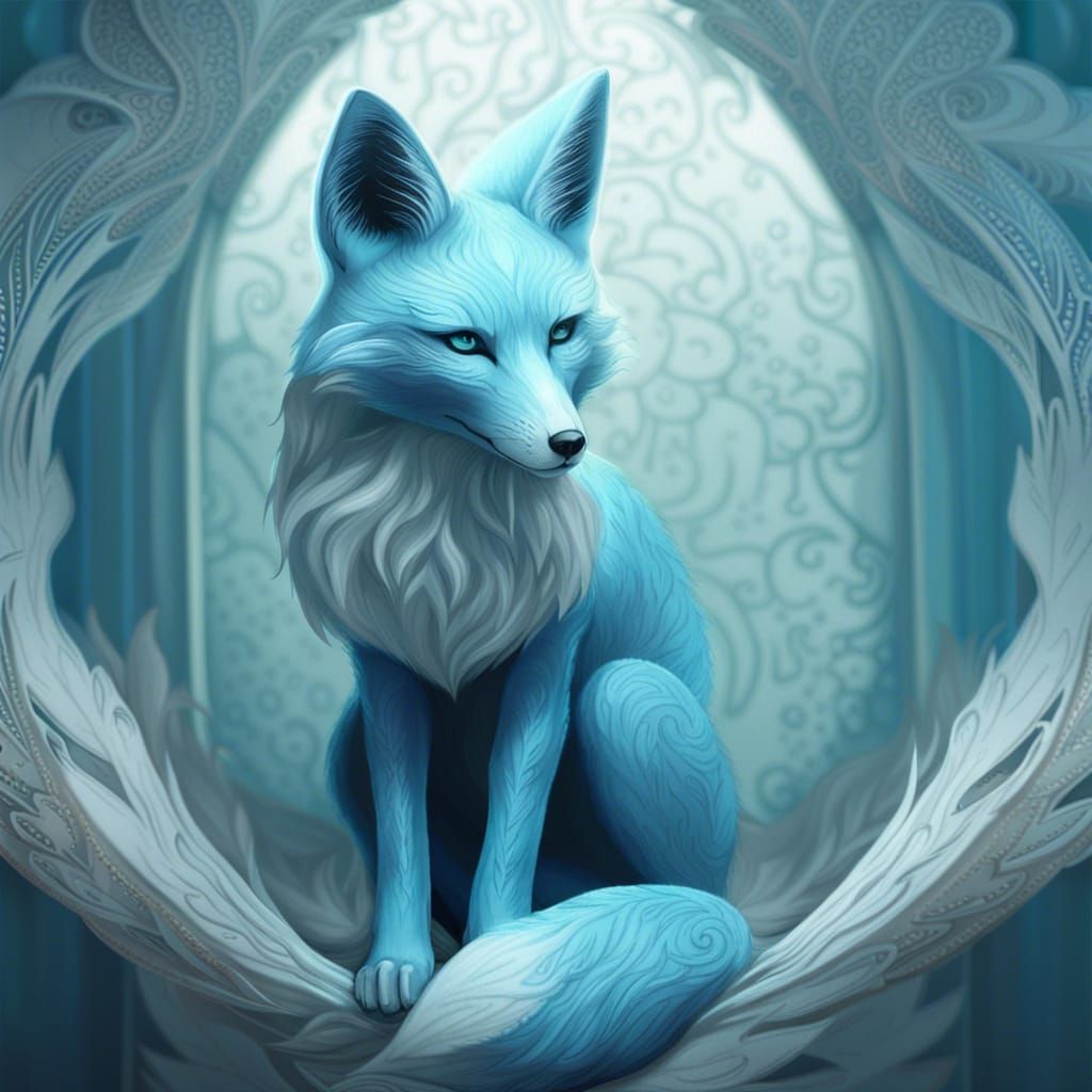 Ethereal Light Blue Fantasy Fox in Atmospheric Style