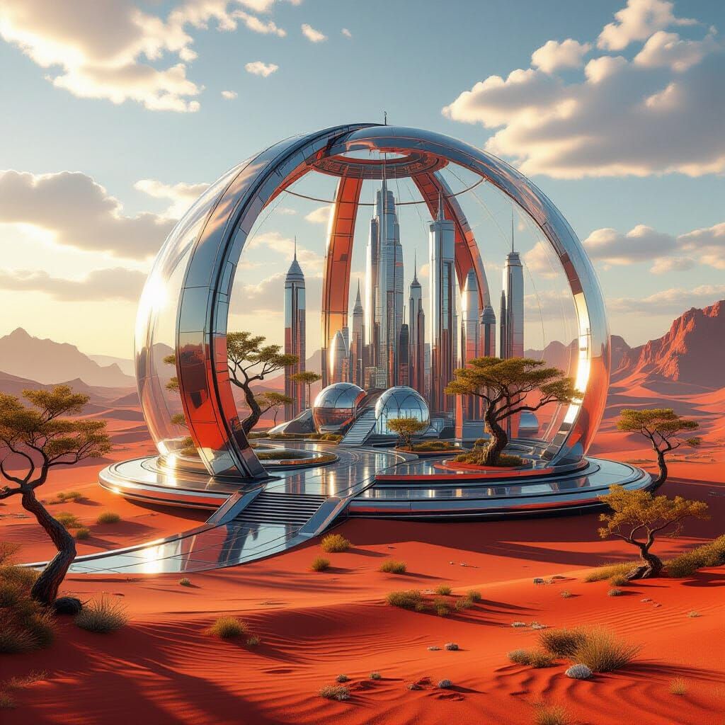 Futuristic Dome City on Mars with Alien Flora
