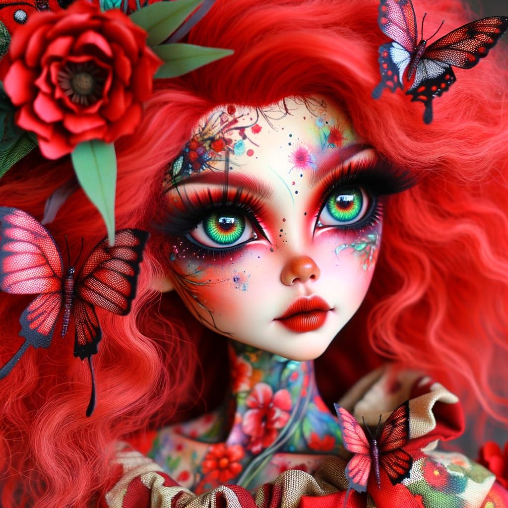 Captivating Doll with Red Hair and Floral Adornments