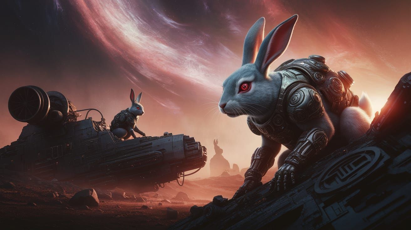 Grizzled Cybernetic Rabbit Warrior in Alien Landscape