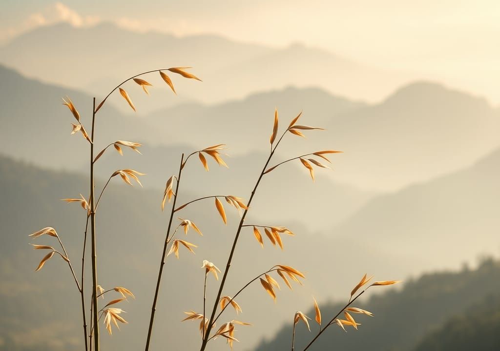 Serene Bamboo Stalks in Misty Landscape