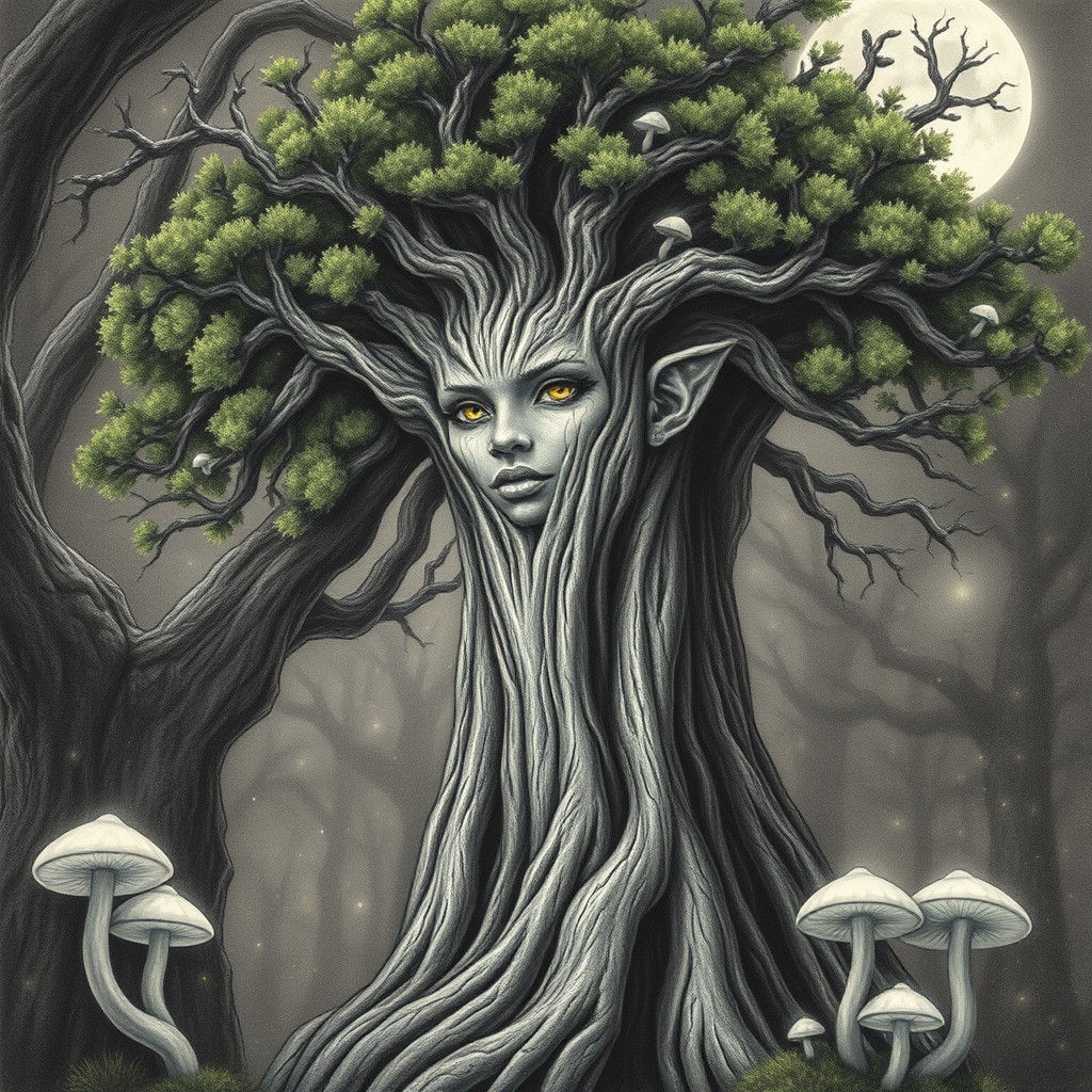Mystical Tree Goddess in Moonlit Forest: Charcoal Drawing
