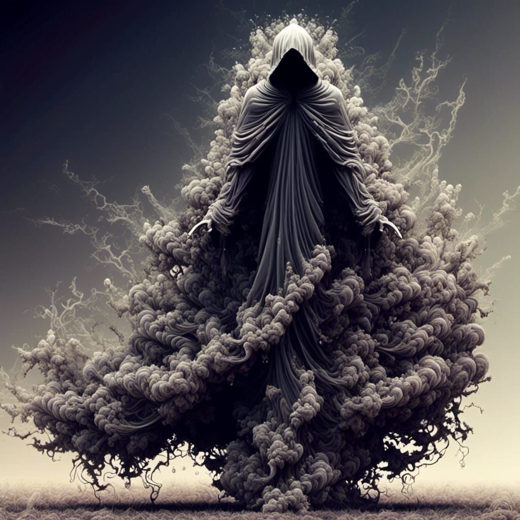 Ethereal Hooded Angel in Decaying Field