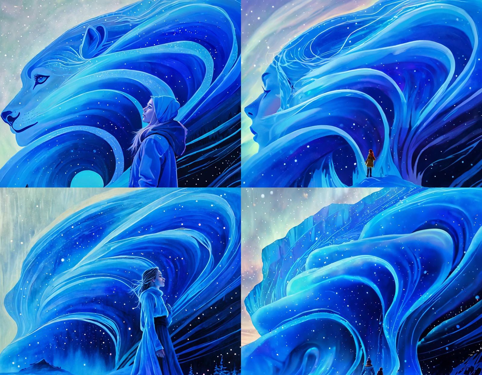 Girl Gazing at Northern Lights on Ice