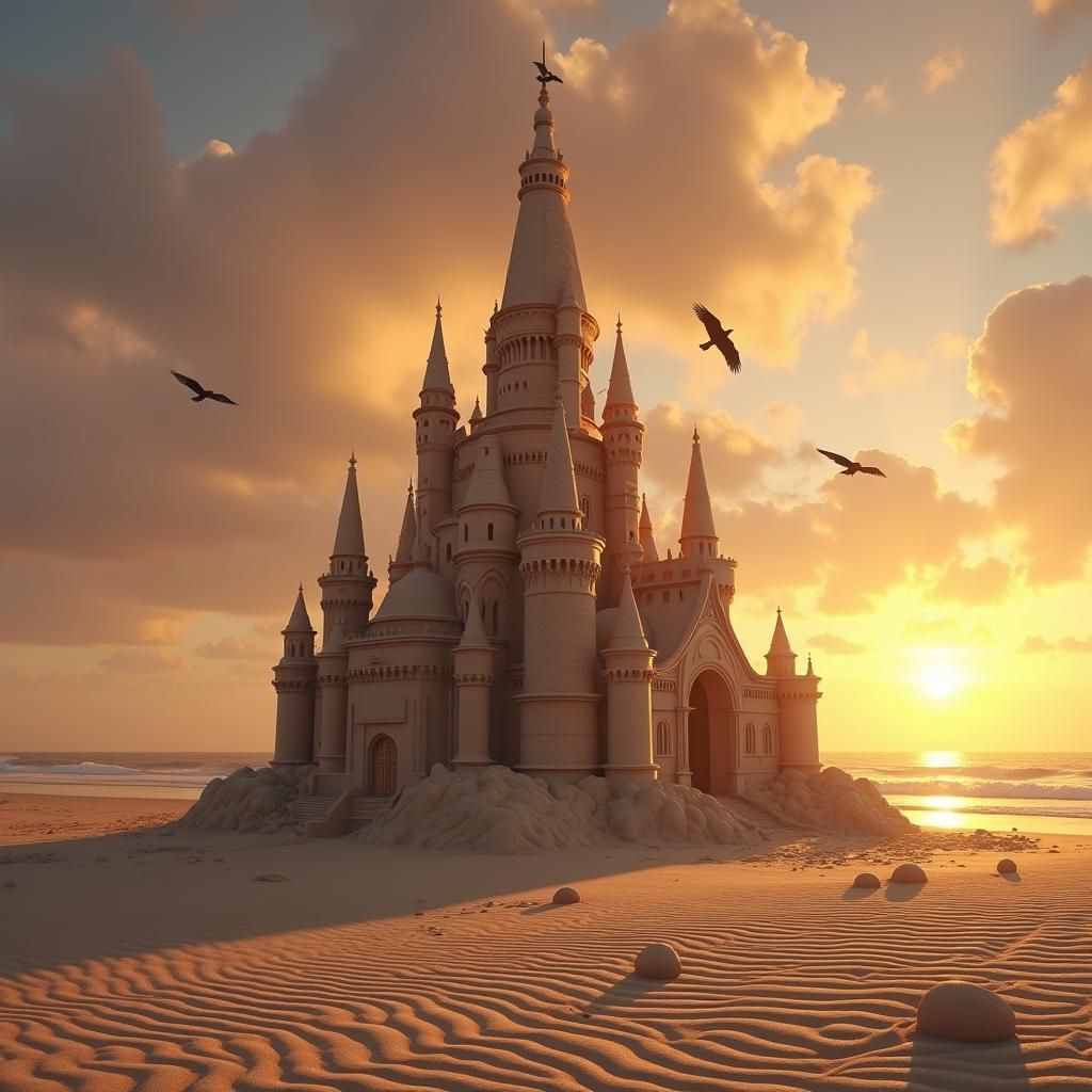 Majestic Sandcastle at Sunset in Photorealistic Style
