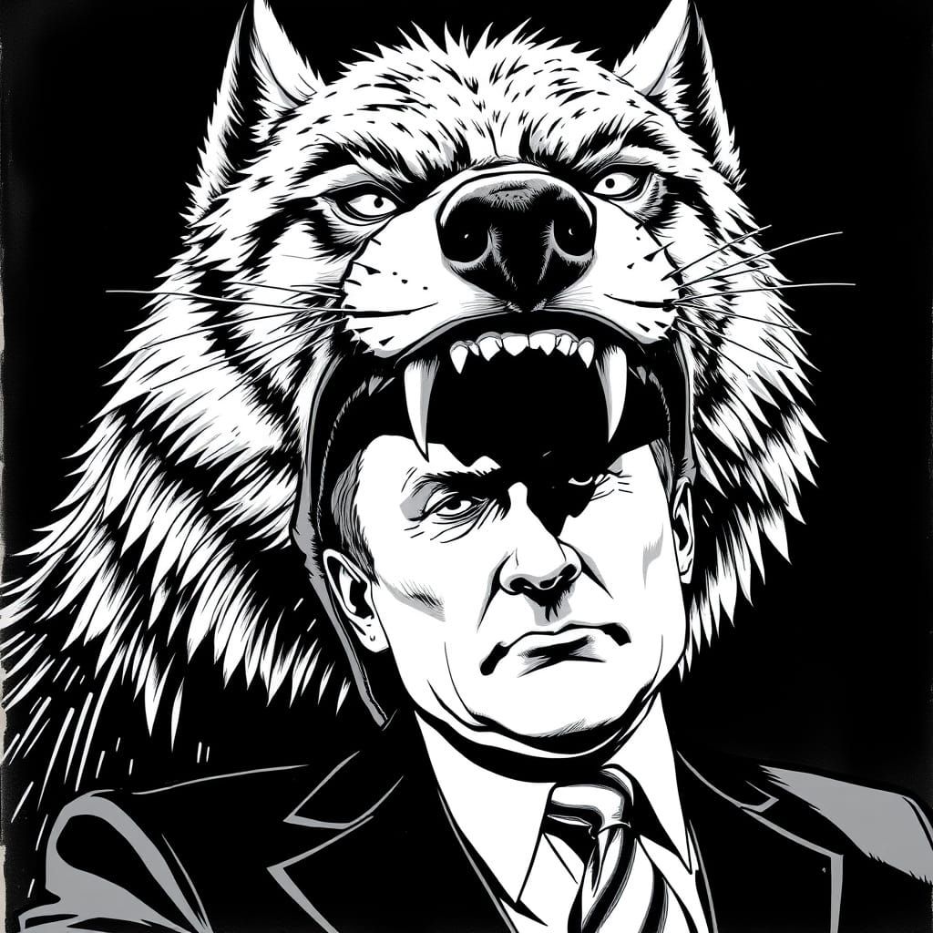 Wolf in Soviet-Style Graphic Novel Illustration Attacks Puti...