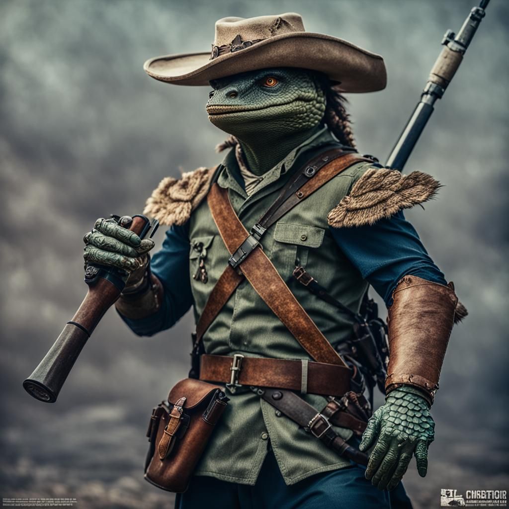 Lizardman Musketeer in Desert, Cinematic Film Still