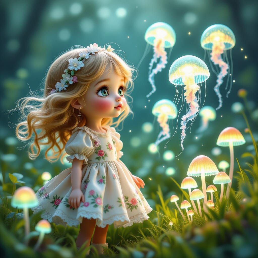 Doll-like Girl in Bioluminescent Field, Fantasy Art