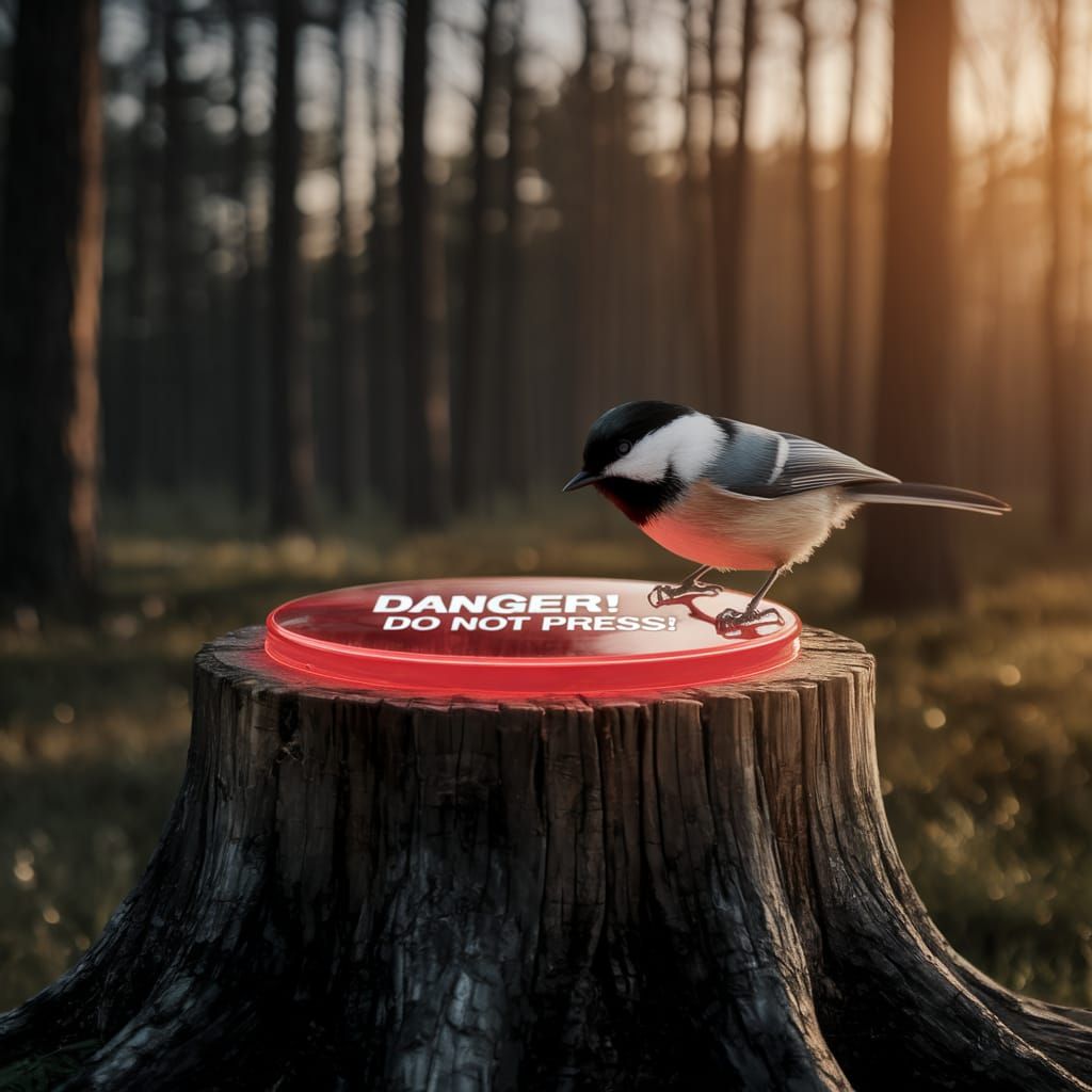 Chickadee on the Brink of Danger in a Haunting Forest Sunset