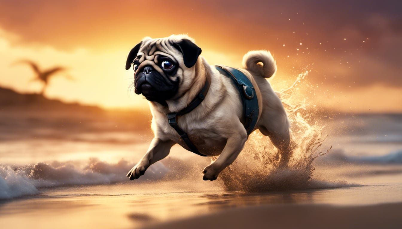 Pug's Sunset Beach Run: Fantastical Matte Painting