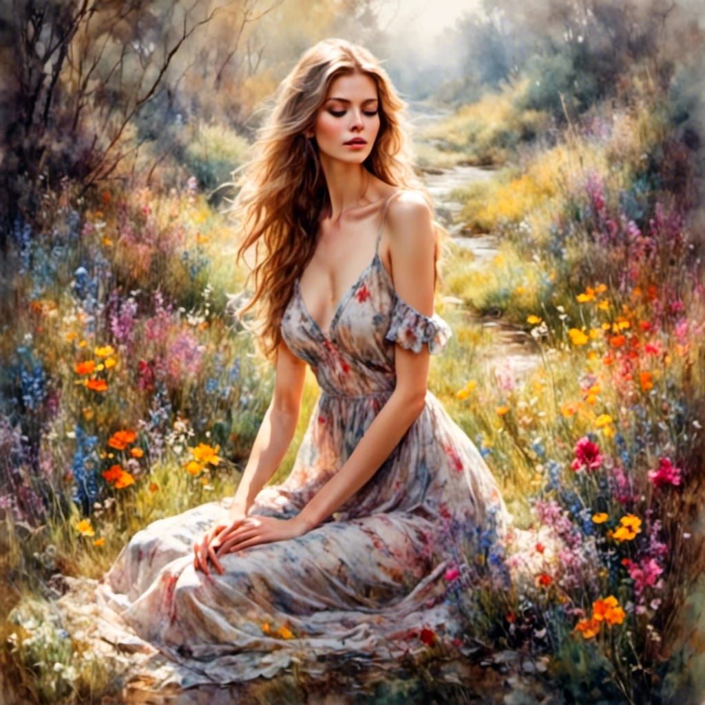 Exotic Woman in Wildflowers: Antique Watercolor Style