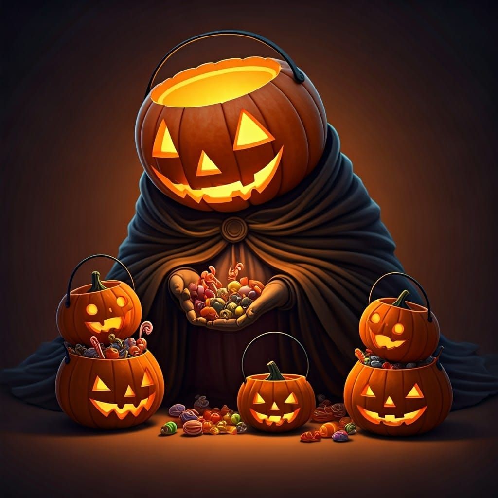 Halloween Scene: Mother Jack-o'-Lantern and Children