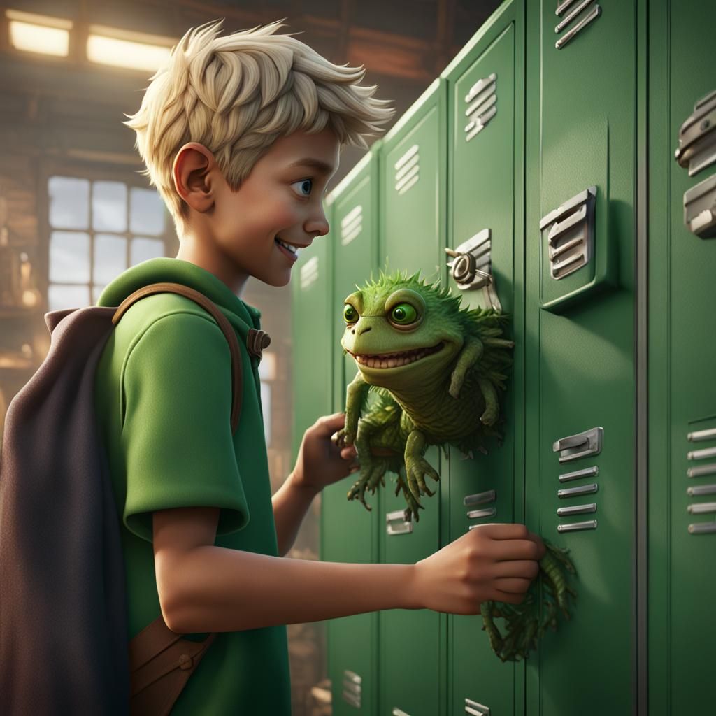 Boy Places Creature in Locker: Fantasy Concept Art