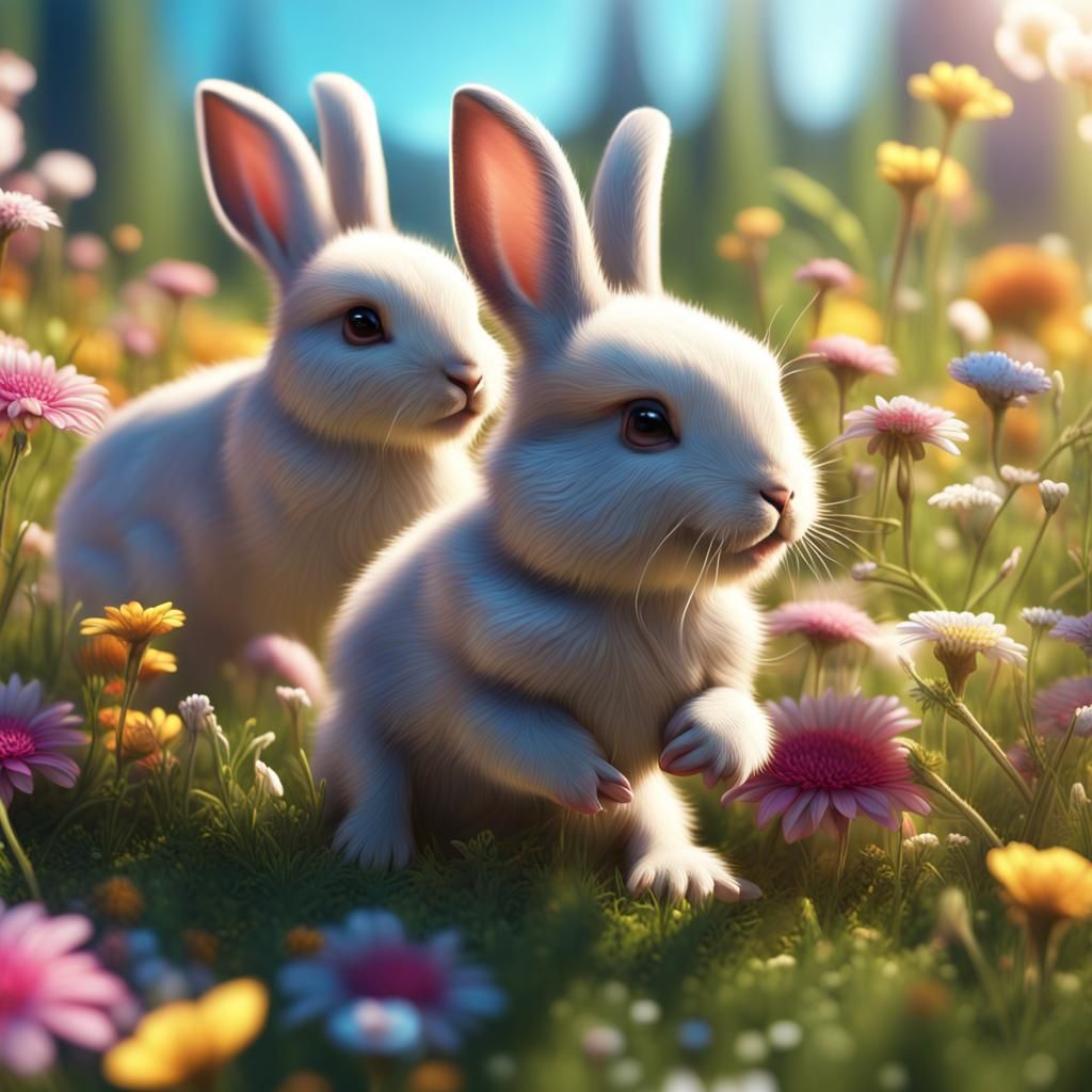 Baby Rabbits Play in Sunny Flower Meadow