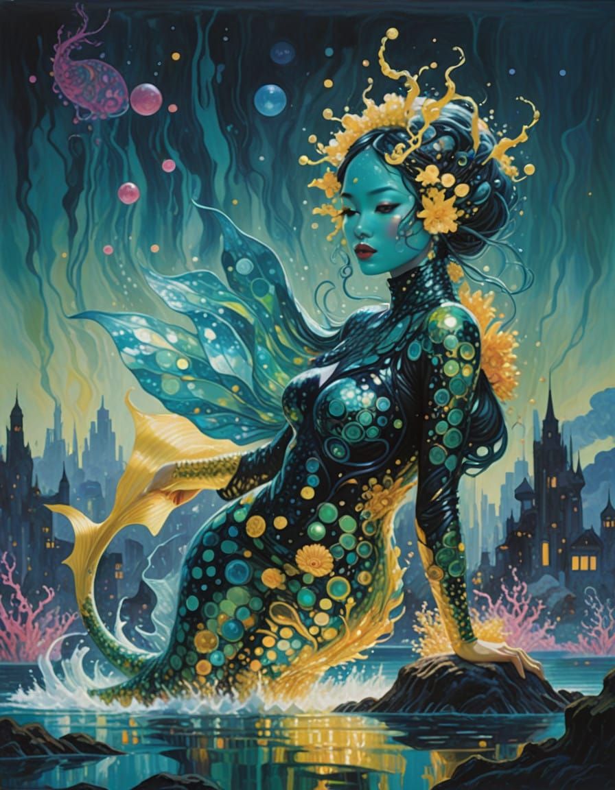 Sensual Cyberpunk Mermaid Warrior in Shimmering Teal and Gol...