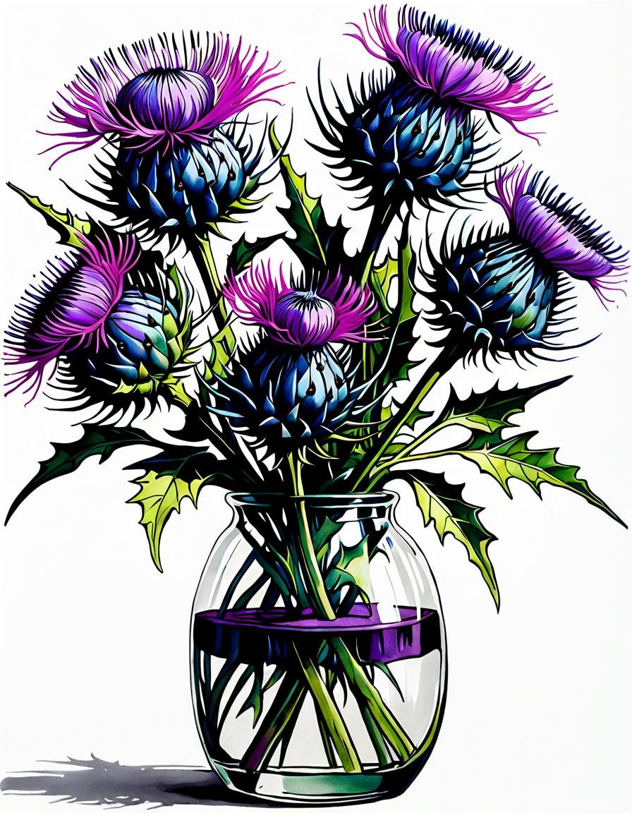 Detailed Ink Drawing of Thistle Bouquet