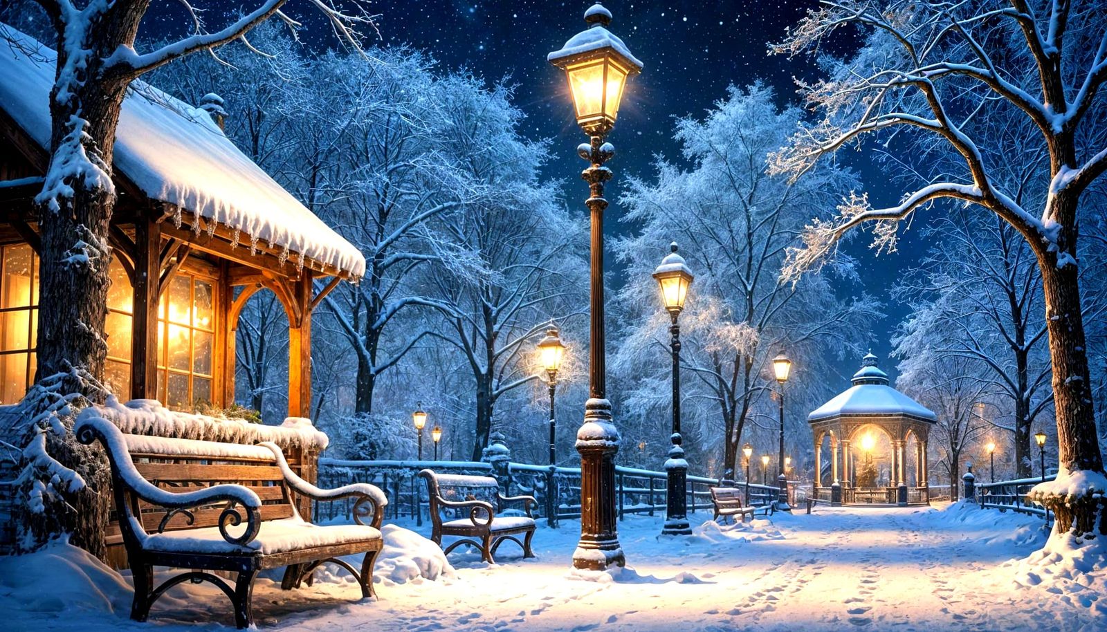 Winter Park at Night: Maximalist Digital Painting