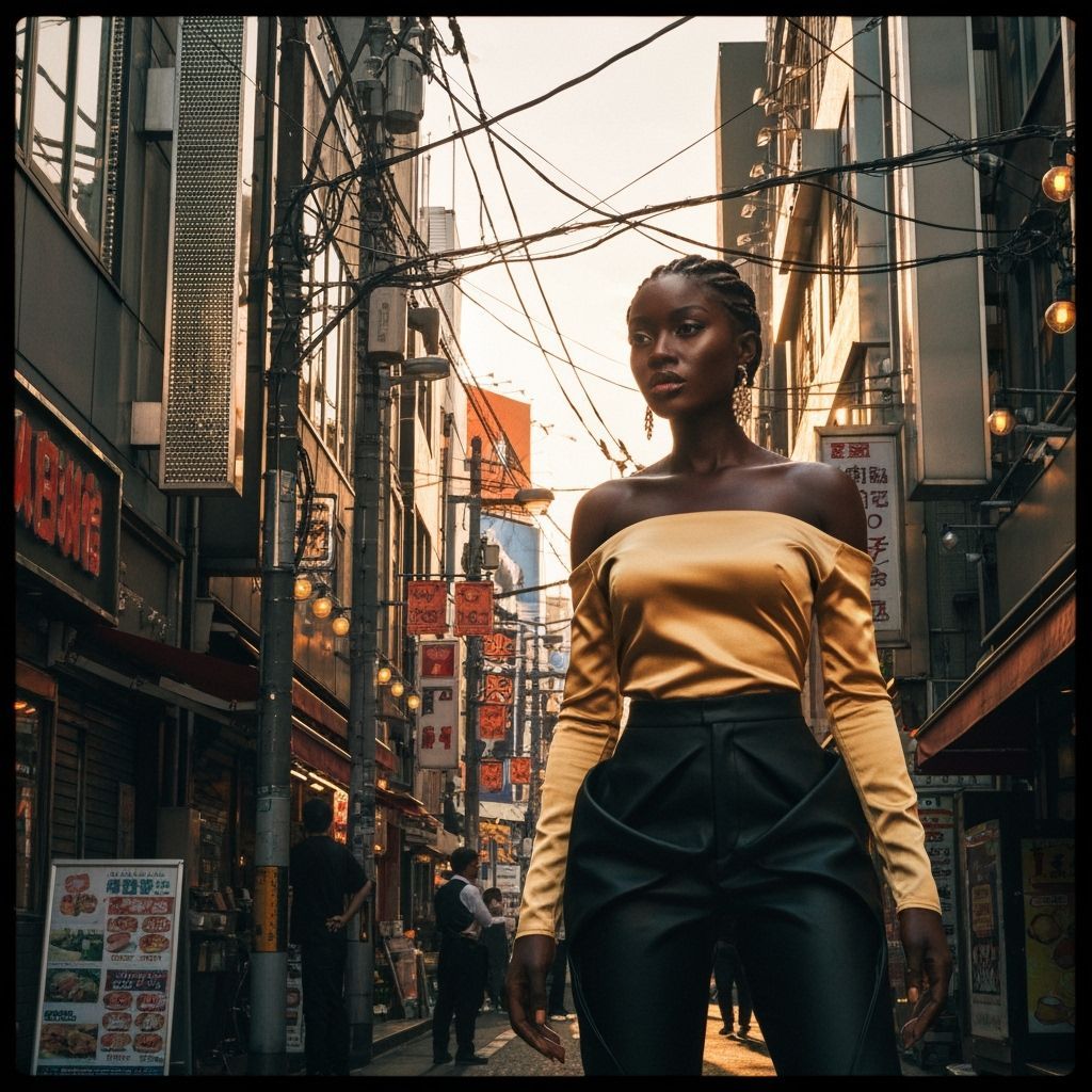 Kabukicho Nightfall: Woman in Golden Top Amidst Neon Glow