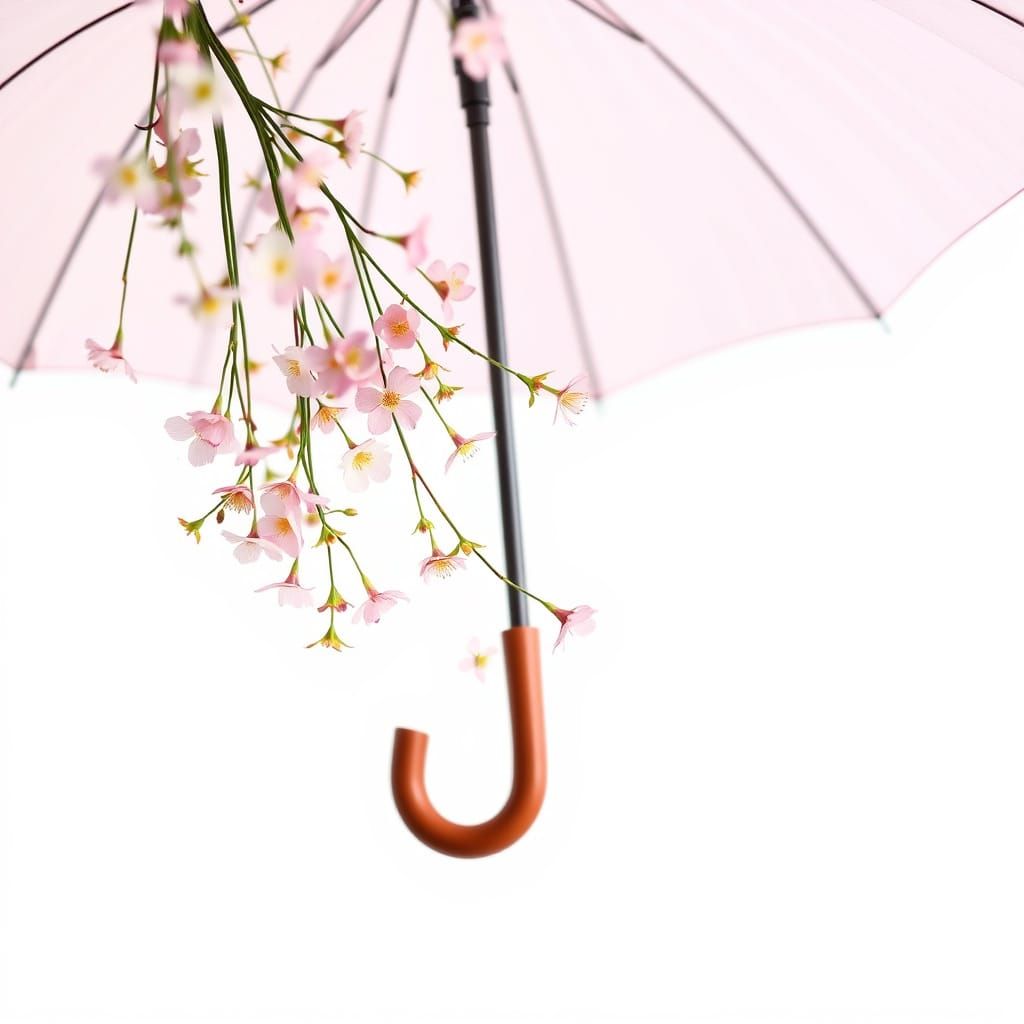 an umbrella with delicate spring flowers falling as if rain in and around the umbrella, all on a totally white backgroun...