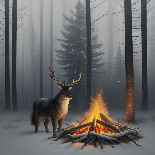 Animals Warm Themselves by Fire in Winter Forest