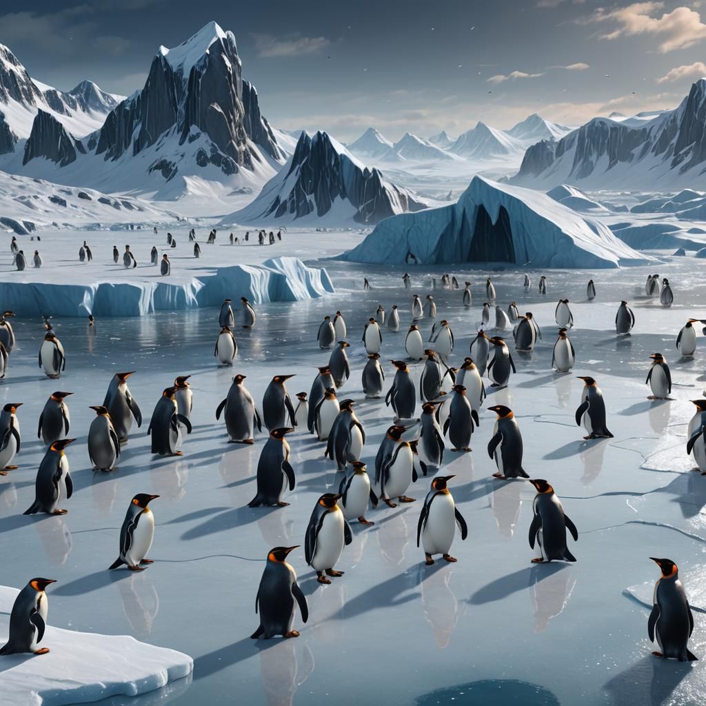 Penguins on Ice Sheet: Detailed Matte Painting