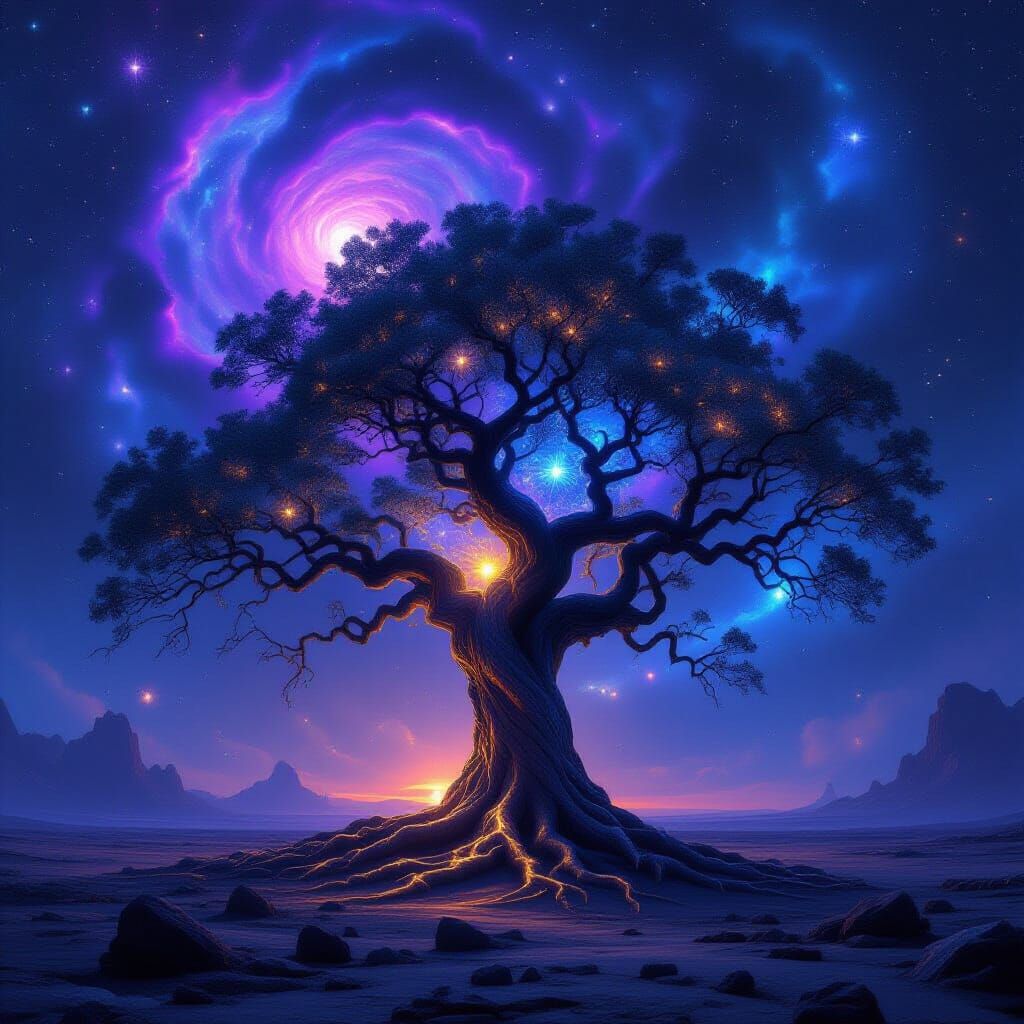 Ancient Cosmic Tree on Alien Planet Under Nebula